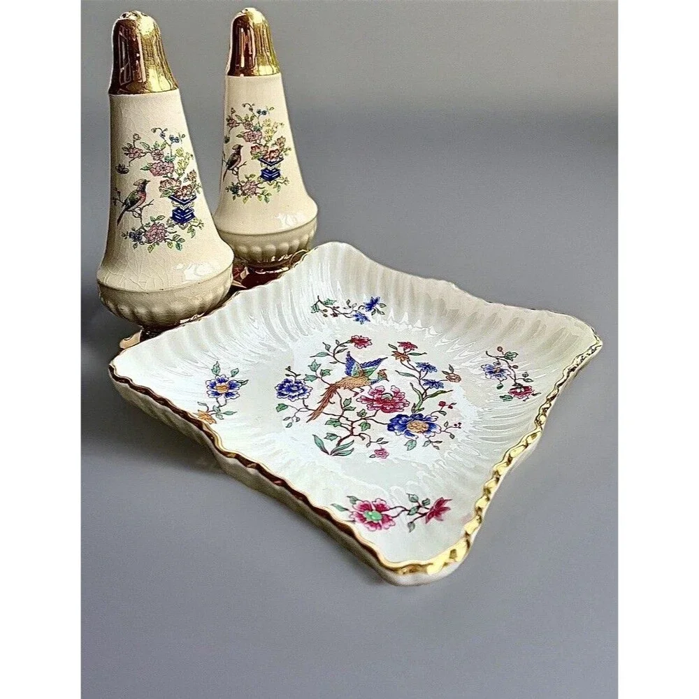 Vintage Hammersley Spode Bird Of Paradise Shakers & Tray Set Chintz Bone China